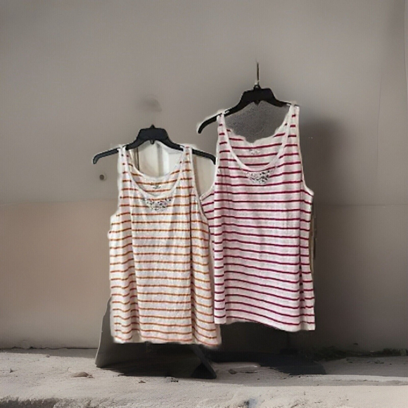 1X Lane Bryant 2 Stretchy Lace Striped Tanks W Clear Jeweled Neck - Picture 3 of 8